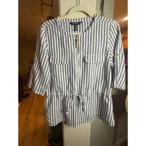 Ellen Tracy 100% Linen Blue White Stripe Button Shirt Small 4-8